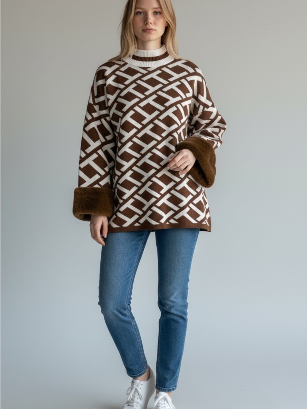 Tyler Boe Blue and Brown Geometric Print Sweater Small